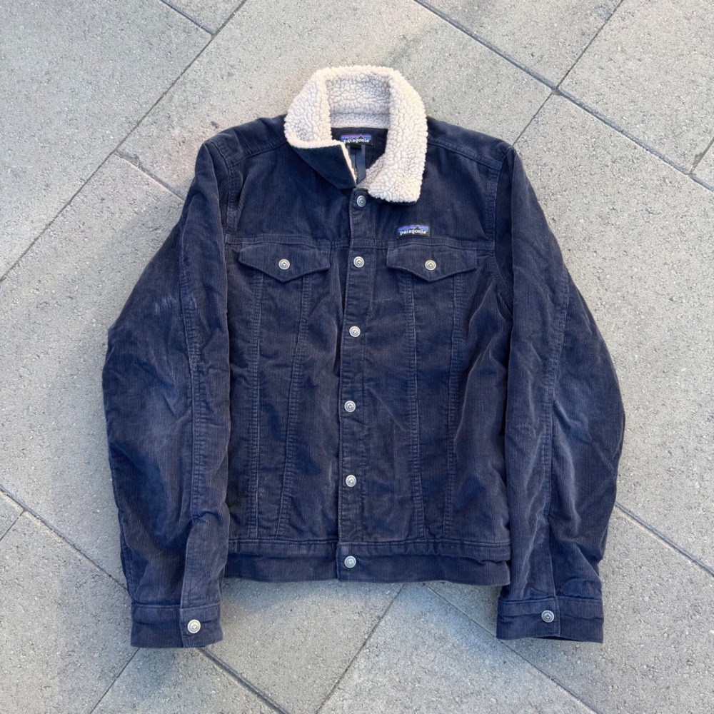 Patagonia Pile Lined Fjord Corduroy Trucker Jacket Navy Blue Mens Small